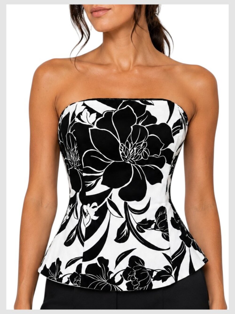 White House Black Market Bustier Top Black White Strapless Floral 2 XS